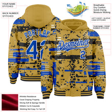 Charger l'image dans la galerie, Custom Old Gold Thunder Blue Black-White Abstract Fragment Shape 3D Pattern Design Bomber Full-Snap Varsity Letterman Hoodie Jacket