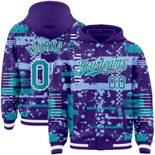 Загрузить изображение в средство просмотра галереи, Custom Purple Teal Light Blue-White Abstract Fragment Shape 3D Pattern Design Bomber Full-Snap Varsity Letterman Hoodie Jacket
