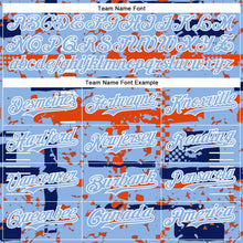 Charger l'image dans la galerie, Custom Light Blue Royal Orange-White Abstract Fragment Shape 3D Pattern Design Bomber Full-Snap Varsity Letterman Hoodie Jacket