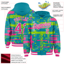 Charger l'image dans la galerie, Custom Teal Pink Neon Green-White Abstract Fragment Shape 3D Pattern Design Bomber Full-Snap Varsity Letterman Hoodie Jacket