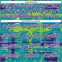 Charger l'image dans la galerie, Custom Teal Purple Neon Green-White Abstract Fragment Shape 3D Pattern Design Bomber Full-Snap Varsity Letterman Hoodie Jacket