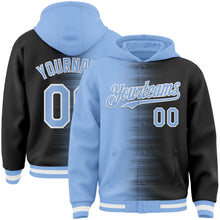 Load image into Gallery viewer, Custom Light Blue Black-White Gradient Line Bomber Full-Snap Varsity Letterman Hoodie Jacket