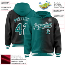 Charger l'image dans la galerie, Custom Teal Black-White Gradient Line Bomber Full-Snap Varsity Letterman Hoodie Jacket