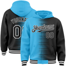 Charger l'image dans la galerie, Custom Sky Blue Black-White Gradient Line Bomber Full-Snap Varsity Letterman Hoodie Jacket