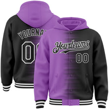 Laden Sie das Bild in den Galerie-Viewer, Custom Medium Purple Black-White Gradient Line Bomber Full-Snap Varsity Letterman Hoodie Jacket