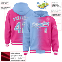 Load image into Gallery viewer, Custom Light Blue Pink-White Gradient Line Bomber Full-Snap Varsity Letterman Hoodie Jacket