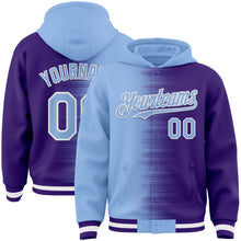 Load image into Gallery viewer, Custom Light Blue Purple-White Gradient Line Bomber Full-Snap Varsity Letterman Hoodie Jacket