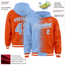 Load image into Gallery viewer, Custom Light Blue Orange-White Gradient Line Bomber Full-Snap Varsity Letterman Hoodie Jacket