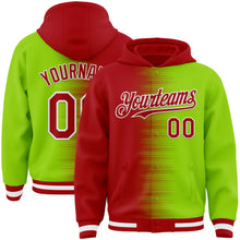 Загрузить изображение в средство просмотра галереи, Custom Red Neon Green-White Gradient Line Bomber Full-Snap Varsity Letterman Hoodie Jacket
