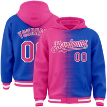 Load image into Gallery viewer, Custom Pink Thunder Blue-White Gradient Line Bomber Full-Snap Varsity Letterman Hoodie Jacket
