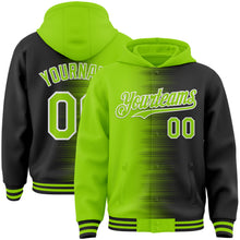Load image into Gallery viewer, Custom Neon Green Black-White Gradient Line Bomber Full-Snap Varsity Letterman Hoodie Jacket