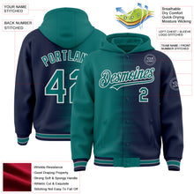 Charger l'image dans la galerie, Custom Teal Navy-White Gradient Line Bomber Full-Snap Varsity Letterman Hoodie Jacket