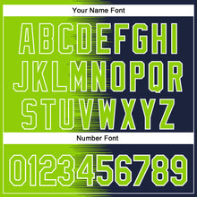 Load image into Gallery viewer, Custom Neon Green Navy-White Gradient Line Bomber Full-Snap Varsity Letterman Hoodie Jacket