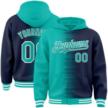 Load image into Gallery viewer, Custom Aqua Navy-White Gradient Line Bomber Full-Snap Varsity Letterman Hoodie Jacket
