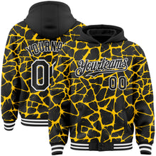 Load image into Gallery viewer, Custom Black Yellow-White Abstract Network 3D Pattern Design Bomber Full-Snap Varsity Letterman Hoodie Jacket