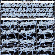 Laden Sie das Bild in den Galerie-Viewer, Custom Black Light Blue-White Abstract Network 3D Pattern Design Bomber Full-Snap Varsity Letterman Hoodie Jacket