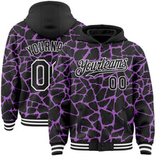 Charger l'image dans la galerie, Custom Black Medium Purple-White Abstract Network 3D Pattern Design Bomber Full-Snap Varsity Letterman Hoodie Jacket