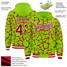 Load image into Gallery viewer, Custom Neon Green Red-White Abstract Network 3D Pattern Design Bomber Full-Snap Varsity Letterman Hoodie Jacket