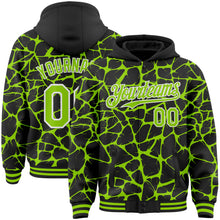 Charger l'image dans la galerie, Custom Black Neon Green-White Abstract Network 3D Pattern Design Bomber Full-Snap Varsity Letterman Hoodie Jacket