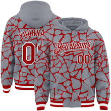 Laden Sie das Bild in den Galerie-Viewer, Custom Gray Red-White Abstract Network 3D Pattern Design Bomber Full-Snap Varsity Letterman Hoodie Jacket
