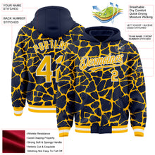 Load image into Gallery viewer, Custom Navy Gold-White Abstract Network 3D Pattern Design Bomber Full-Snap Varsity Letterman Hoodie Jacket