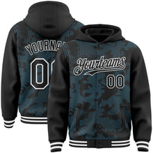 Load image into Gallery viewer, Custom Black Sky Blue-White Curve Lines 3D Pattern Design Bomber Full-Snap Varsity Letterman Hoodie Jacket