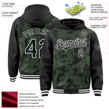Load image into Gallery viewer, Custom Black Pea Green-White Curve Lines 3D Pattern Design Bomber Full-Snap Varsity Letterman Hoodie Jacket
