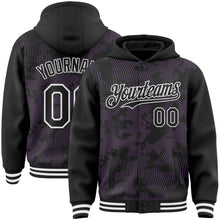 Load image into Gallery viewer, Custom Black Medium Purple-White Curve Lines 3D Pattern Design Bomber Full-Snap Varsity Letterman Hoodie Jacket