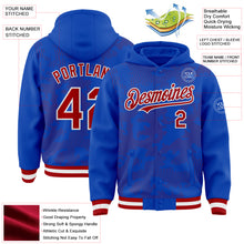Load image into Gallery viewer, Custom Thunder Blue Red-White Curve Lines 3D Pattern Design Bomber Full-Snap Varsity Letterman Hoodie Jacket
