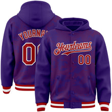 Load image into Gallery viewer, Custom Purple Red-White Curve Lines 3D Pattern Design Bomber Full-Snap Varsity Letterman Hoodie Jacket