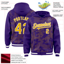 Load image into Gallery viewer, Custom Purple Gold-White Curve Lines 3D Pattern Design Bomber Full-Snap Varsity Letterman Hoodie Jacket