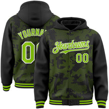Загрузить изображение в средство просмотра галереи, Custom Black Neon Green-White Curve Lines 3D Pattern Design Bomber Full-Snap Varsity Letterman Hoodie Jacket