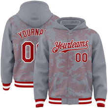 Laden Sie das Bild in den Galerie-Viewer, Custom Gray Red-White Curve Lines 3D Pattern Design Bomber Full-Snap Varsity Letterman Hoodie Jacket