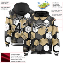 Load image into Gallery viewer, Custom Black Vegas Gold-White Geometric Shape 3D Pattern Design Bomber Full-Snap Varsity Letterman Hoodie Jacket