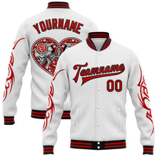 Load image into Gallery viewer, Custom White Red-Black Gothic Skull 3D Pattern Design Bomber Full-Snap Varsity Letterman Jacket