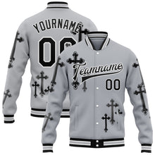 Загрузить изображение в средство просмотра галереи, Custom Gray Black-White Gothic Crosses 3D Pattern Design Bomber Full-Snap Varsity Letterman Jacket