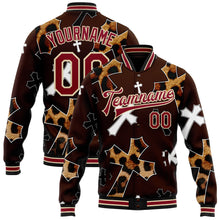 Charger l'image dans la galerie, Custom Brown Crimson City Cream-Black Gothic Leopard Print Crosses 3D Pattern Design Bomber Full-Snap Varsity Letterman Jacket