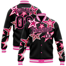 Загрузить изображение в средство просмотра галереи, Custom Black Pink Y2K Stars 3D Pattern Design Bomber Full-Snap Varsity Letterman Jacket