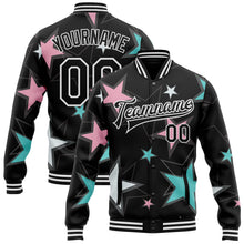 Load image into Gallery viewer, Custom Black White Y2K Stars 3D Pattern Design Bomber Full-Snap Varsity Letterman Jacket