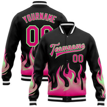 Charger l'image dans la galerie, Custom Black Hot Pink Pea Green-White Flame 3D Pattern Design Bomber Full-Snap Varsity Letterman Jacket