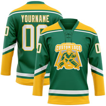 Charger l'image dans la galerie, Custom Kelly Green White-Gold Hockey Lace Neck Jersey
