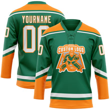Load image into Gallery viewer, Custom Kelly Green White-Bay Orange Hockey Lace Neck Jersey