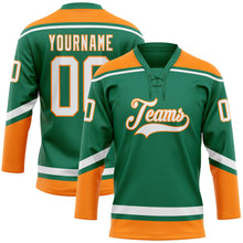 Load image into Gallery viewer, Custom Kelly Green White-Bay Orange Hockey Lace Neck Jersey