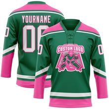 Charger l'image dans la galerie, Custom Kelly Green White-Pink Hockey Lace Neck Jersey