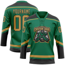 Загрузить изображение в средство просмотра галереи, Custom Kelly Green Old Gold-Black Hockey Lace Neck Jersey