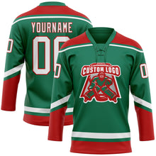 Load image into Gallery viewer, Custom Kelly Green White-Red Hockey Lace Neck Jersey