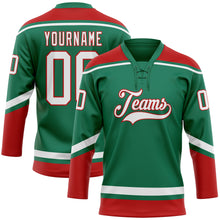 Load image into Gallery viewer, Custom Kelly Green White-Red Hockey Lace Neck Jersey