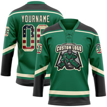 Load image into Gallery viewer, Custom Kelly Green Vintage USA Flag Cream-Black Hockey Lace Neck Jersey
