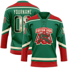 Load image into Gallery viewer, Custom Kelly Green Vintage Mexican Flag Cream-Red Hockey Lace Neck Jersey