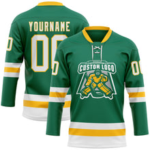 Charger l'image dans la galerie, Custom Kelly Green White-Gold Hockey Lace Neck Jersey
